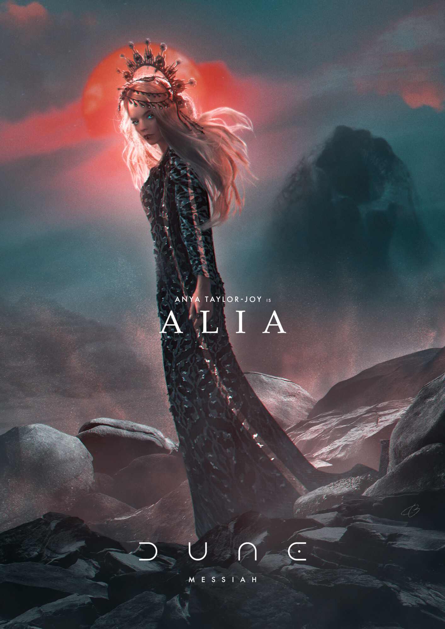 Alia Atreides i mörka kläder ser oroad ut