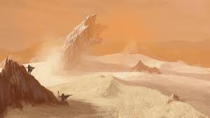 Dune 3 concept art med sandmaskar och Arrakis-landskap