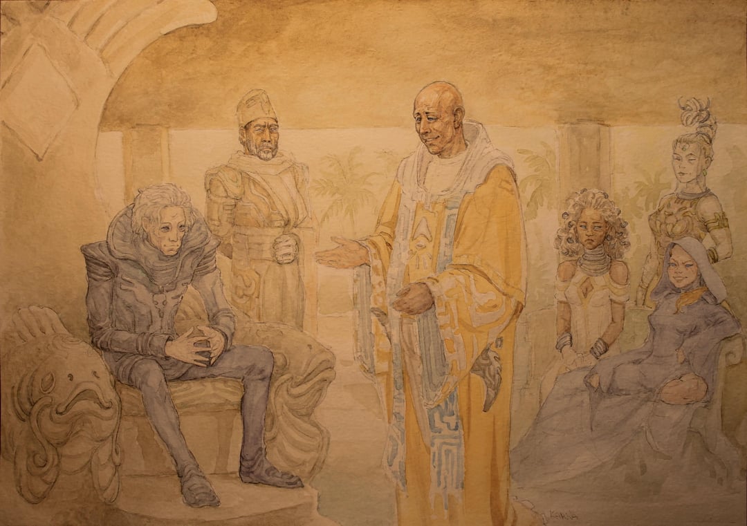 Konceptkonst som visar de futuristiska städerna och palatsen som förväntas i Dune Messiah