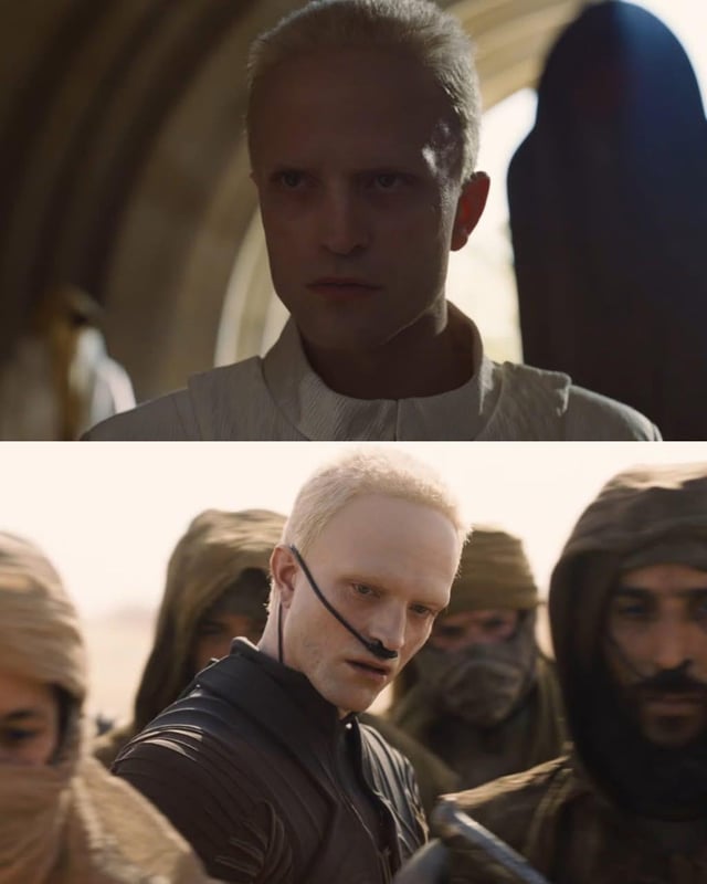 Robert Pattinson som Scytale, blek hy och vitt blont hår