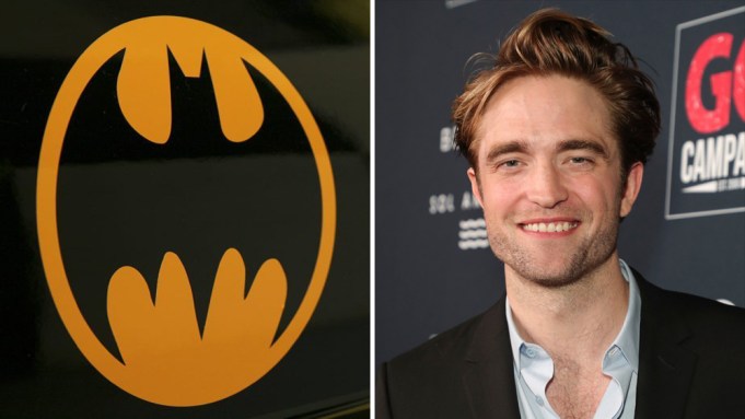 Robert Pattinson som Batman och logotypen för Warner Bros.