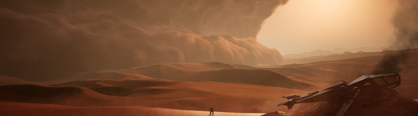 Konceptbild av Dune del 4 med sandvågor och en soluppgång över Arrakis